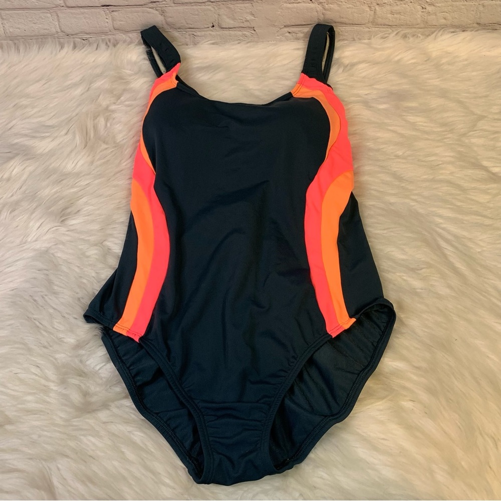 Lands’ End Navy And Orange One Piece Bathing Suit Gem